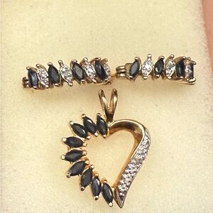 Gold tone Sapphire Heart Pendant with Matching Earrings w diamond accents. 925SS